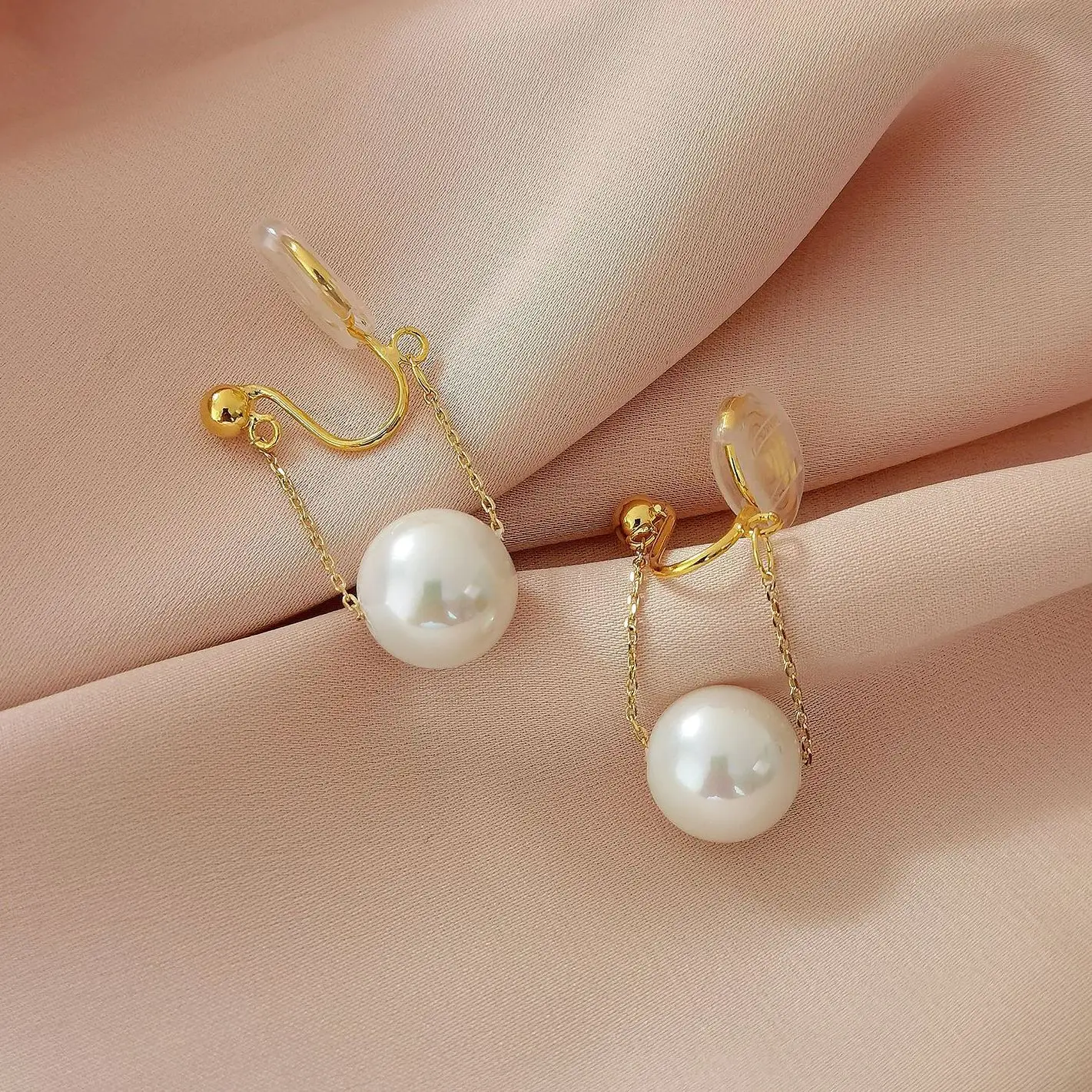 

16k Real Gold Shell Pearl Drop Earrings Without Pierced Mosquito Coil Ear Clip High-end Luxury Tassel Wedding Jewelry Pendant