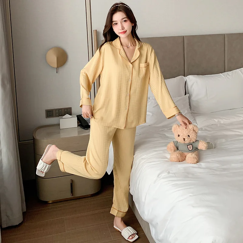 QWEEK Houndstooth Silk Pajamas Women Autumn Sleepwear Plaid Yellow Pijamas Female Set 2 Piece Pyjamas Brief Bedroom Loungewear