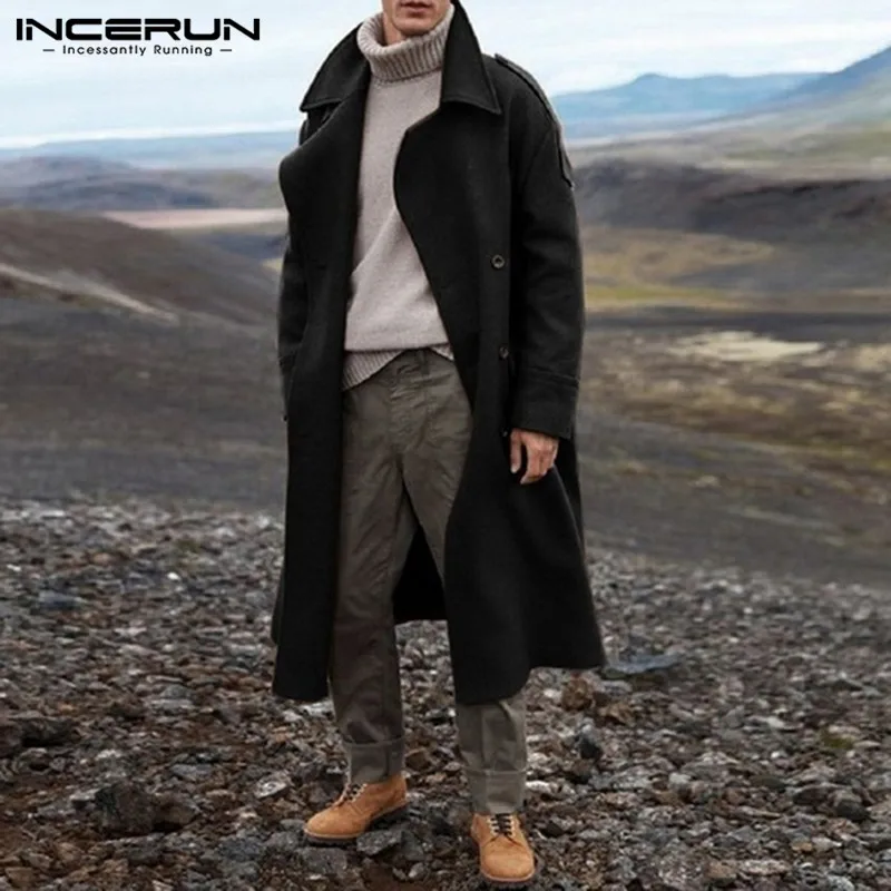 

INCERUN Men Coats 2021 Long Sleeve Lapel Trench Man Vintage Double Breasted Faux Fleece Blends Winter Solid Color Overcoat S-5XL