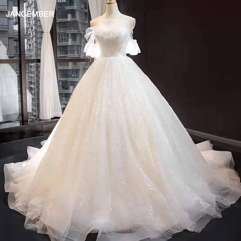 

J66847 jancember wedding dress for women o neck off shoulder court train white wedding gown vestido de noiva ombro a ombro tule