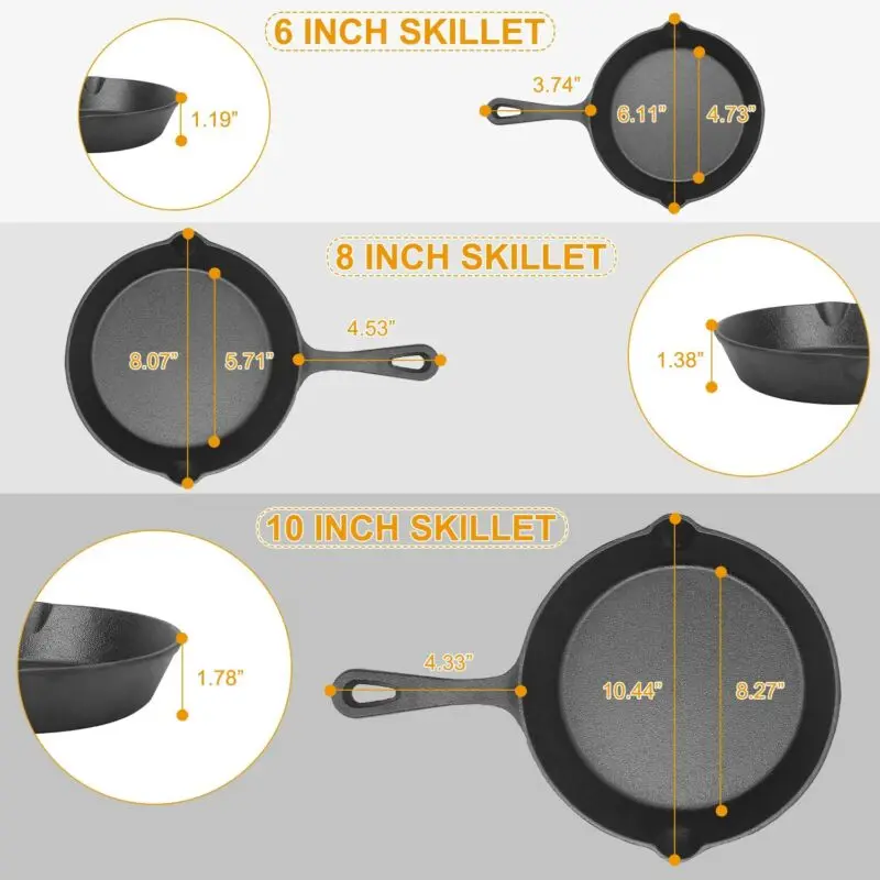 

3 Piece Cast Iron Skillet Set Pre Seasoned Non-stick Oven 6/8/10" Frying Pan