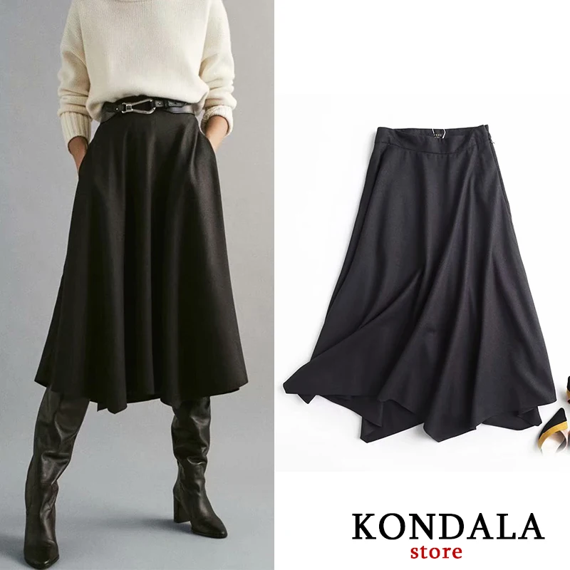 

KONDALA Women's Skirt Za 2020 Office Lady Cotton A-Line Loose Winter Autumn Skirts High Waist Solid Balck Mujer Faldas