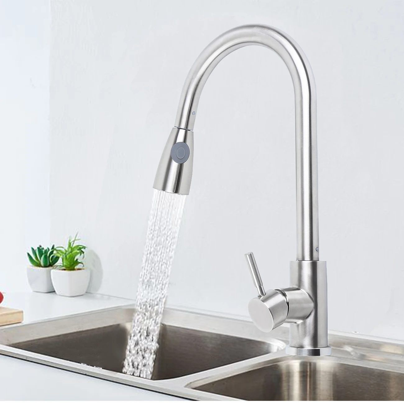 

Brushed Kitchen Faucet Single Hole Pull Out Spout Kitchen Sink Mixer Tap Stream Sprayer Head Mixer Taps
