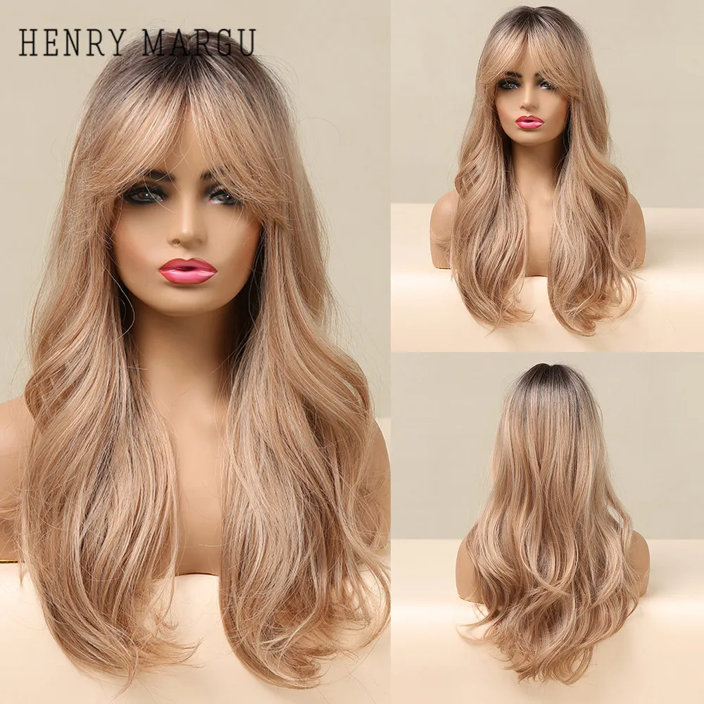 

HENRY MARGU Black Blonde Ombre Synthetic Wigs Dark Root Long Wavy Hair Wig with Bangs for Women Heat Resistant Cosplay Party Wig