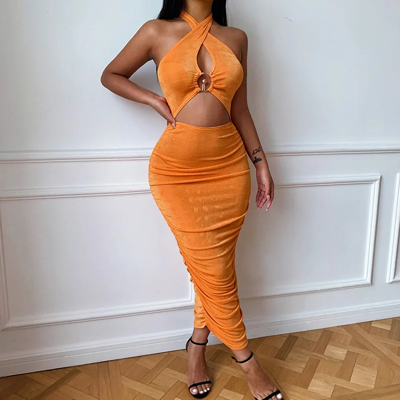 

hirigin Cut Out Cross Halter Bodycon Midi Dress Club Evening Party Backless Vestidos Women Backless Ruched Sheath Dress Solid