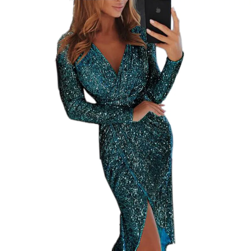 

Autumn Sexy Golid Silver Glitter Dresses For Women Deep V-Neck Sequin Bodycon Dress Long Sleeve charming Dinner Party Clothing