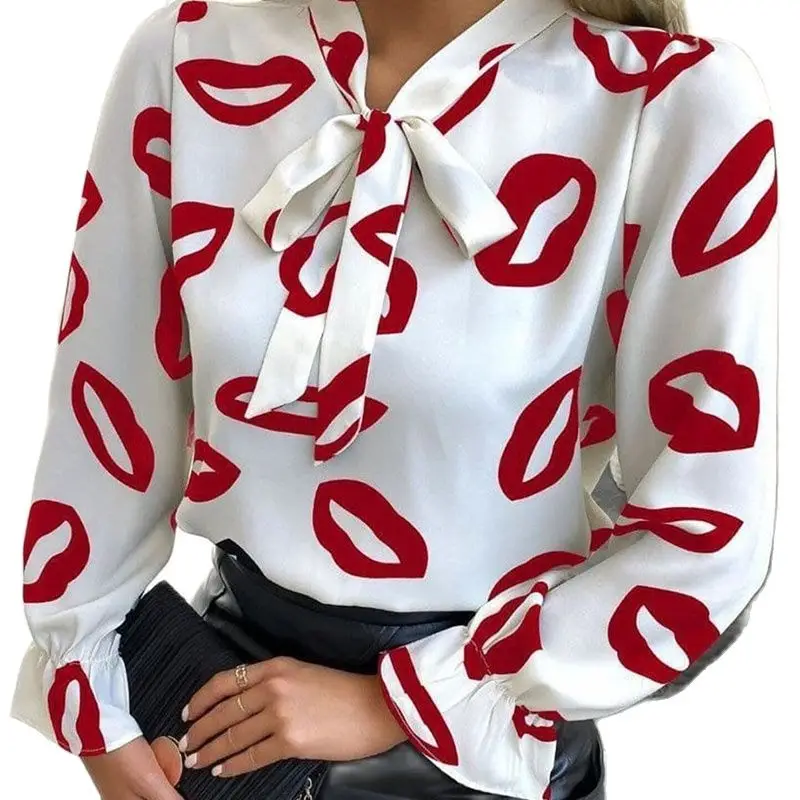 

2021 Spring Autumn Elegant Bowknot Office Lady Shirt Chic Women Long Sleeve Blouses Fashion Casual Lips Print Loose Tops Blusas