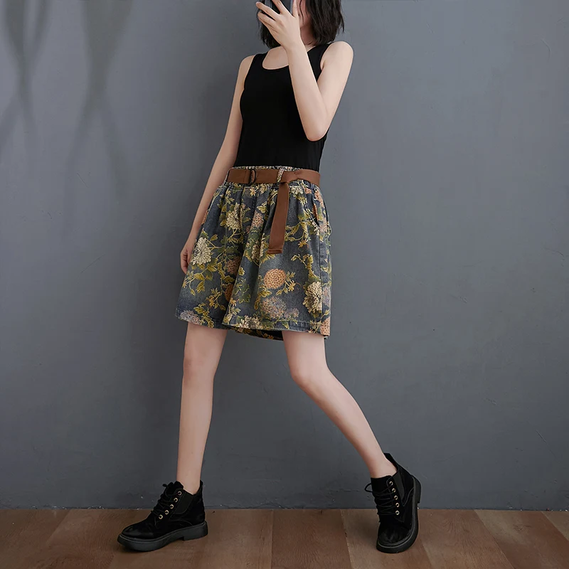 

High Waist Denim Shorts Women Vintage Print Distressed Streetwear Baggy Jeans Short Feminino Mom Wide Leg Jeans Pants Pluis Size