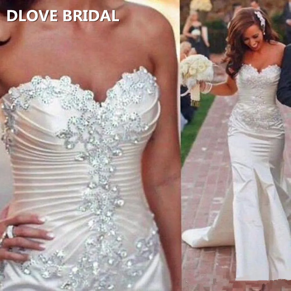 

Элегантный Кристалл Русалка свадебное платье без Бретелек Милое шампанское атласное свадебное платье