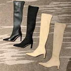 Осень-зима 2021 пикантные высокие эластичные сапоги на высоком каблуке замшевые сапоги выше колена с острым носком на толстом каблуке женские сапоги