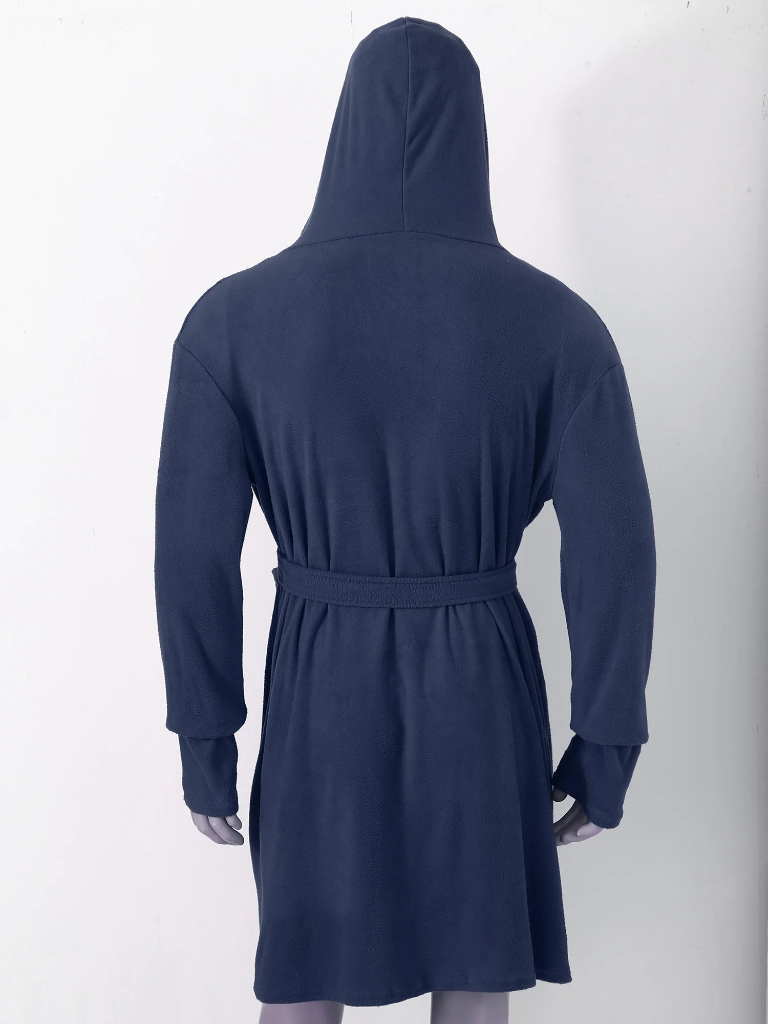 Mens Hooded Robe Night-robe Winter Warm Long Fleece Bathrobe  Plush Sleepwear Loungewear with Belt