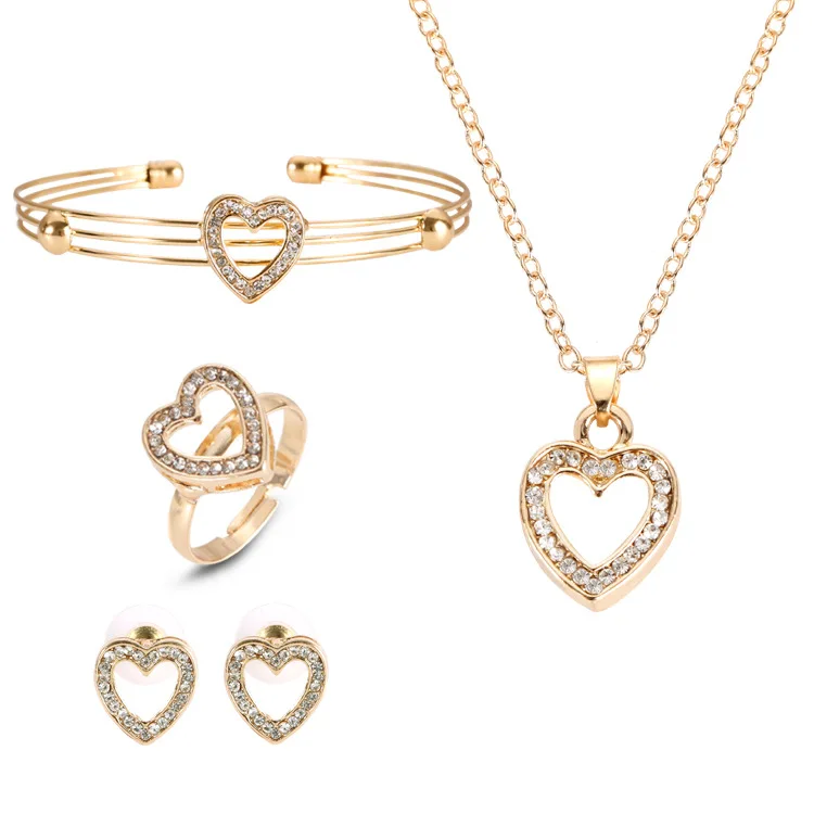 2019 gold Heart-shaped necklace earrings ring bracelet four-piece set jewelry accessories sets for women | Украшения и аксессуары