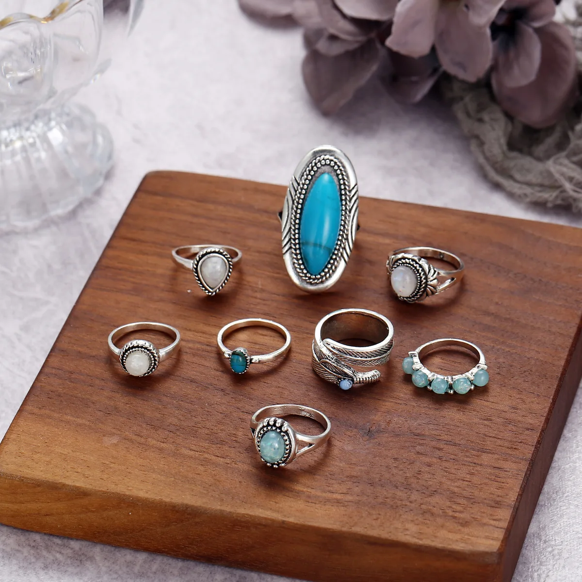 

8PCS Vintage Bohemia woman ring Silver Color Turquoises Knuckle Rings Set For Women Geometric Opal Midi Rings