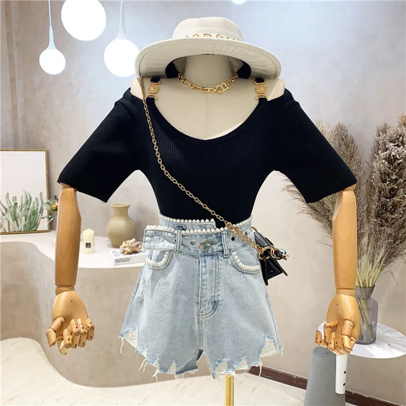 

Irregular Korean 2021 Summer New Arrivals Pearl pocket High Waist Ripped Tassel Wide Leg Denim Shorts Streetwear