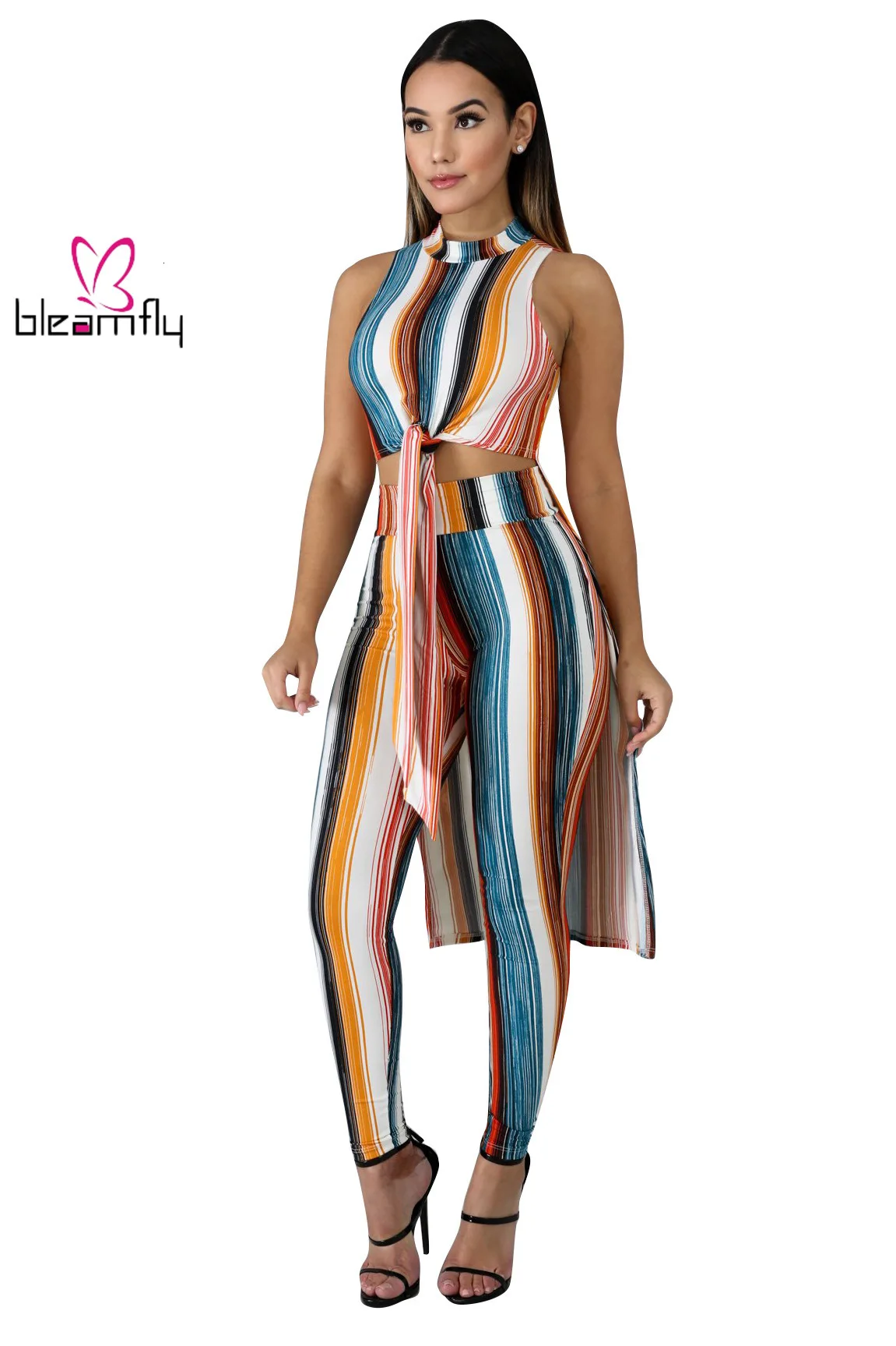 Новинка 2019 женский летний комплект полосатый принт высокая низкая длина макси