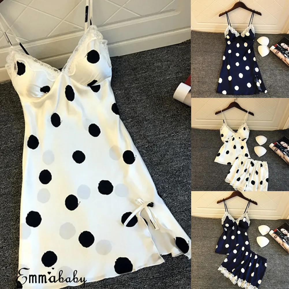 Новинка женская сексуальная пижама атласная кружевная в горошек с глубоким