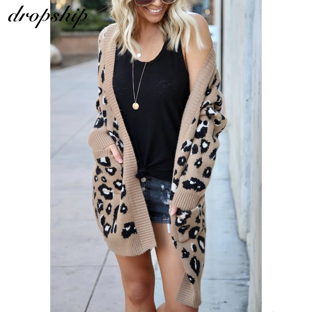 

2021 зимний модный женский свитер, Осенний вязаный кардиган с длинным рукавом и леопардовым принтом, свитер, пальто, топы, женская одежда, боль...