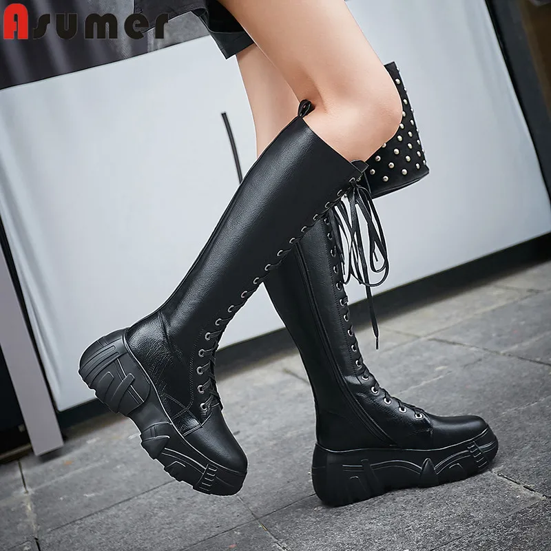 Женские сапоги до колена ASUMER из искусственной и натуральной кожи на молнии