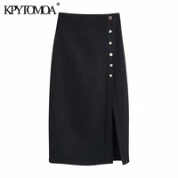 kpytomoa women 2021 fashion with buttons slit hem tweed midi skirt vintage high waist side zipper female skirts mujer