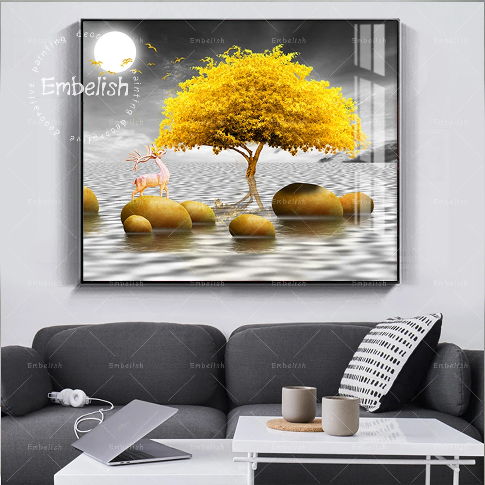 

1 Pieces Fashion Beautiful Landscape Pictures For Living Room Golden Tree On Lake Wall Art Posters HD Print Canvas Paintings
