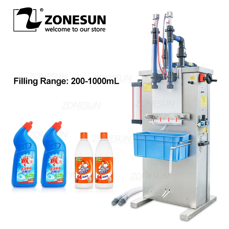 

ZONESUN Semi-auto Liquid Filling Machine Pneumatic Double Heads Corrosive Bottle Filler for alcohol Toilet Cleaner Disinfectant