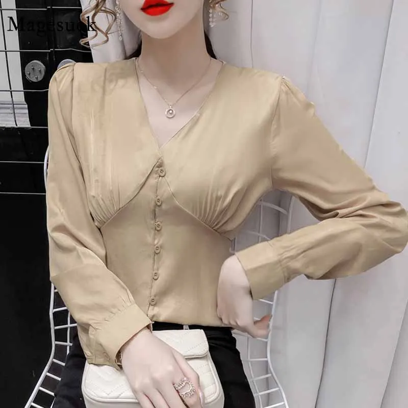 

French Elegant Pleated V-neck Long Sleeve Satin Blouse Women Spring Waist Tops Buttons Splicing Corset Slim Solid Shirts 12263