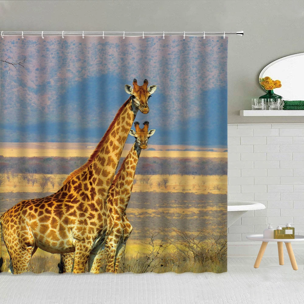 

Giraffe Shower Curtain Set Cute Tropical Grassland Animal Background Waterproof Kids Bathroom Decor Cloth Curtains With Hooks