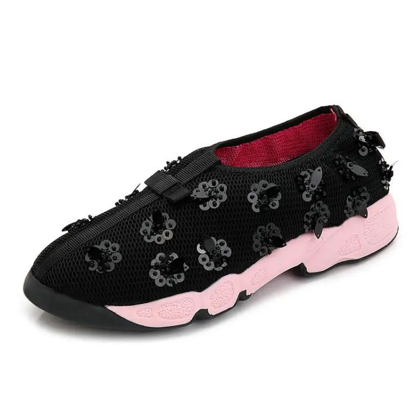 Free Shipping Celebrity Same Paragraph Summer Handmade Mesh Shoes Embroidery Women Casual Flats Sequin Heavy-bottomed For Small Size 33-41 Female |