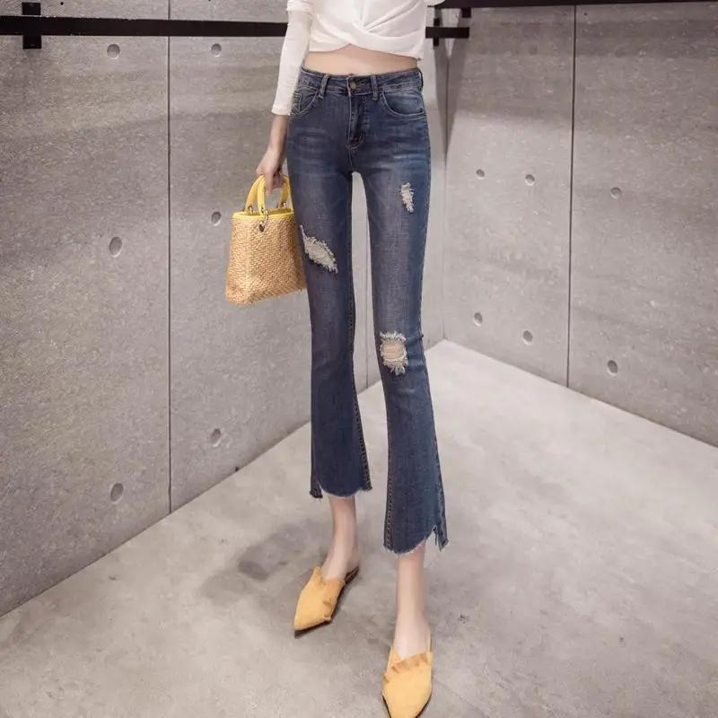 

Женские узкие джинсы с завышенной талией, модные тонкие облегающие джинсовые брюки-клеш с дырками, рваные брюки, P134, весна-лето 2021