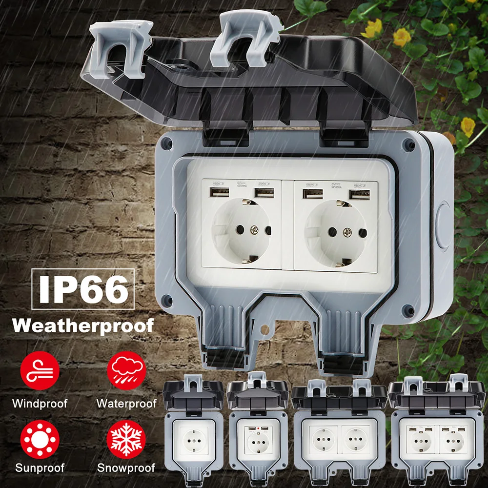 

IP66 Waterproof Socket USB Wall Electrical Outlets Switched Socket Covers 16A Outdoor Weatherproof EU Outlet Garden Socket Box