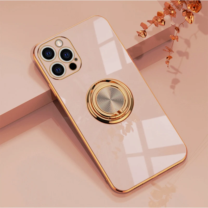 

Luxury Cute Plating Silicone Ring Bracket Phone Case For iPhone 12 11 Pro XS max XR X 8 7 Plus Ultra-thin Magnetic Stand Cover