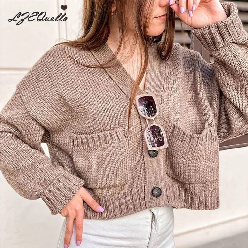 

LZEQuella Long Sleeve Cardigan Knitted Sweater Women 2021 Winter Pockets Solid Coffee Sweaters Short Coat Women NZ3868