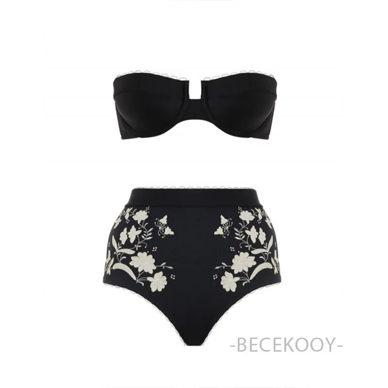 

Swimsuit Swimwear Women Tankini Swimsuits 2 Piece Brazilian Biquini Top Brand New Black White Embroidery Flower Split High Waist