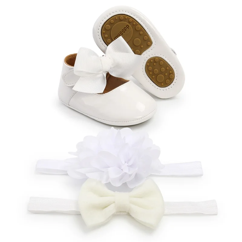 

Baby Girl Anti-Slip Walking Shoes Bow Soft Soled Shoes+2 Headbands 3 Suit Soft Sole Infant Princess Walking Shoes4