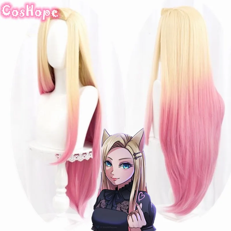 Presale Kda Ahri Косплей LOL 85 см длинный желтый розовый парик косплей аниме термостойкие