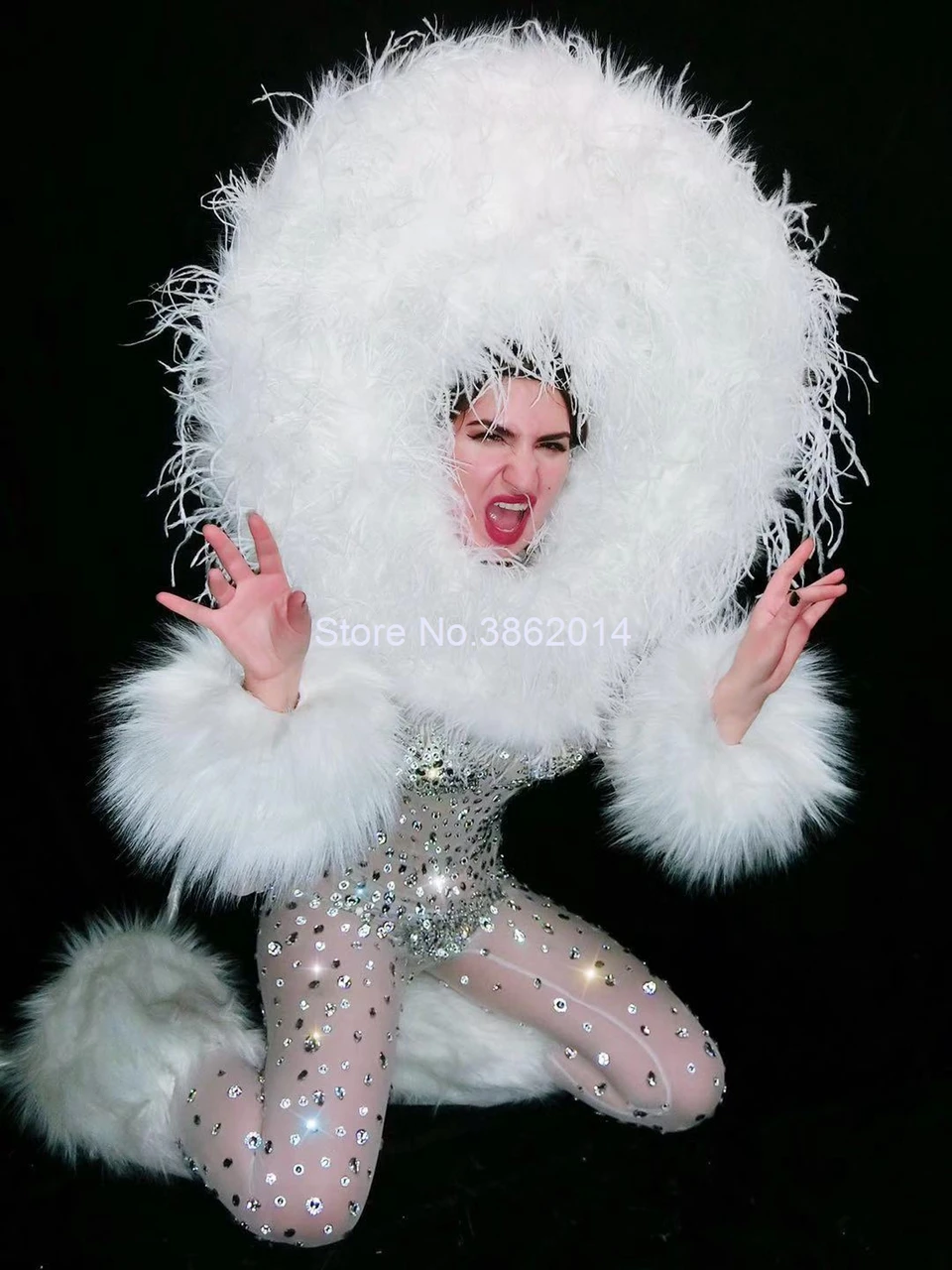 Блестящий Комбинезон стразы из искусственного меха головной убор с белыми