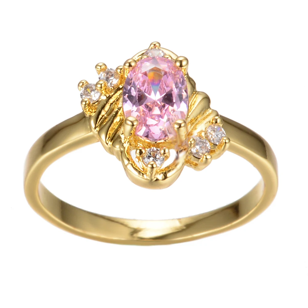 

Luxury Female Pink Crystal Stone Ring Vintage Gold Color Wedding Rings For Women Cute Promise Bride Oval Engagement Ring