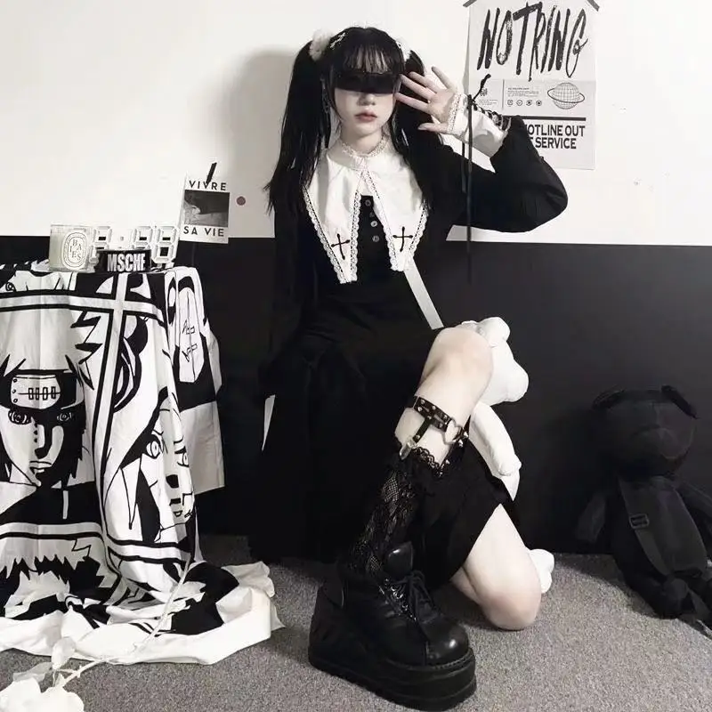 

SXGOTH Mall Goth Midi Dress Harajuku Alt Robe Cross Black Slim Halloween Festival Winter Rave Punk Frill Clothes Grunge Lolita