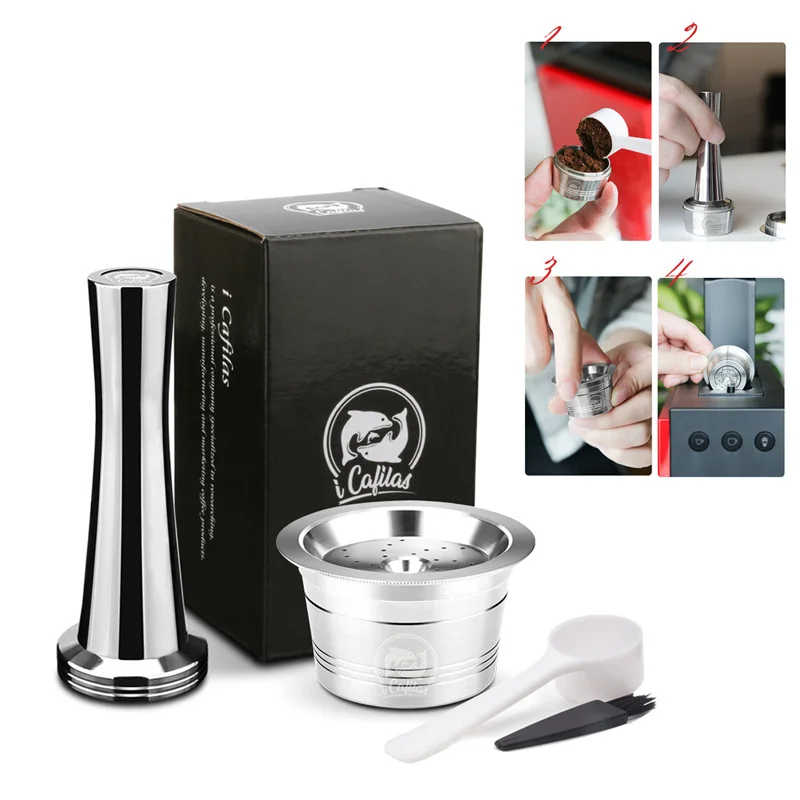 

Reusable Coffee Capsules Filter Tamper Set Stainless Steel Kitchen Household