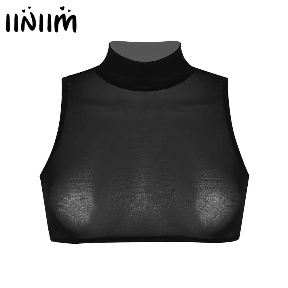 

iiniim Womens Femme Mesh See Through Transparent Sheer Sleeveless Dancing Clubwear Bralette Crop Tops Festival Rave Vest Tops