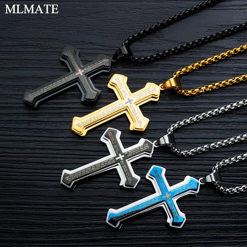 Мужское трехуровневое Библейское ожерелье с крестом из нержавеющей стали черное