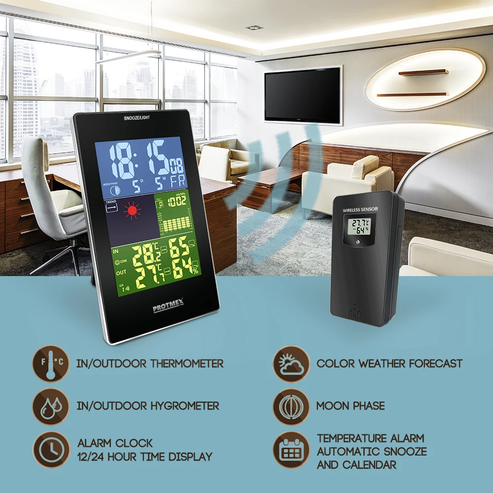 Комнатный и наружный цветной ЖК дисплей метеостанция с прогнозом времени