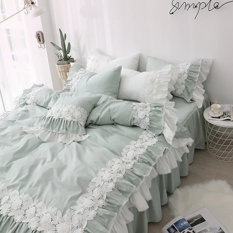 

Pure cotton lace Bedding Sets green Japanese Duvet Cover luxury Bed Linen princess bed skirt twin queen king wedding bedclothes
