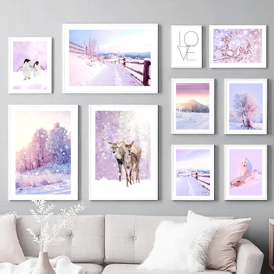 

Скандинавская настенная Картина на холсте с изображением зимнего заката, снежного леса, оленя, пингвина, плакаты и принты, картины для украш...