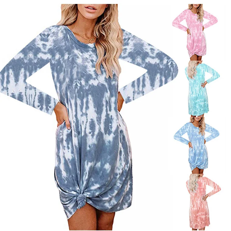 

2022 Autumn Women Tie Dye Long Sleeve Mini Dress Ladies Casual O-Neck Loose Pleated Ruched Party Elegant Outfits