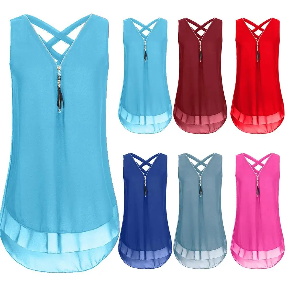 

Fashion Sleeveless Blouse Women Back Cross Bandage Chiffon Vestidos Tank clothing