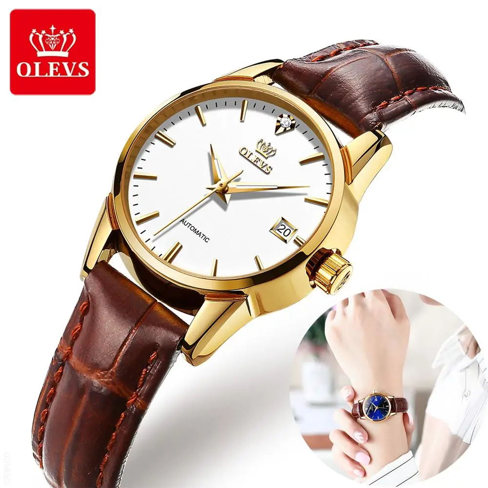 OLEVS Women Automatic Mechanical Watch Watches for Women Brown Leather Ladies Watches Casual Luminous Waterproof WristWatch