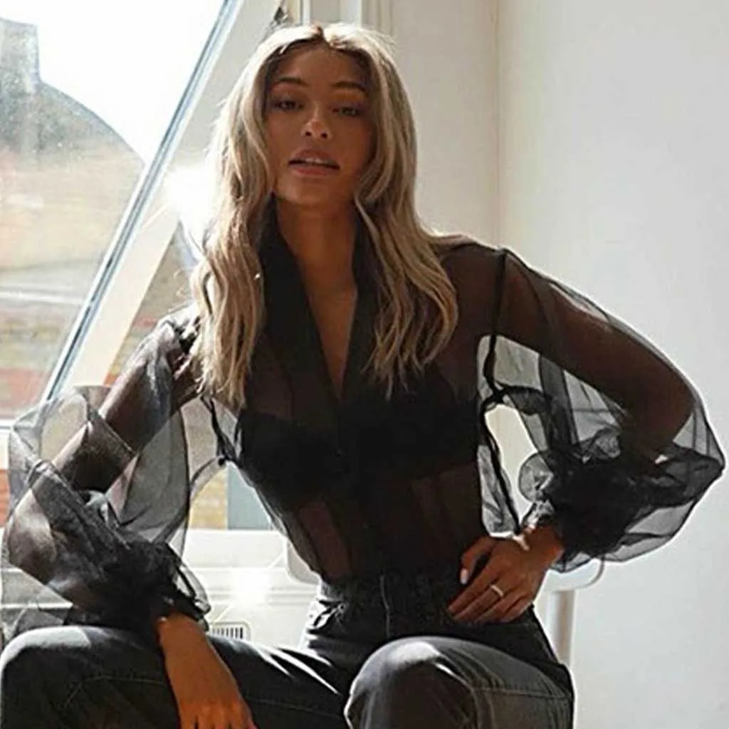 Женская шифоновая блузка свободная однотонная блуза из органзы с v образным