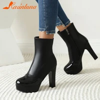 big size 35 43 brand female thick high heels round toe zip solid ankle boots fashion platform boots women party sexy shoes woman