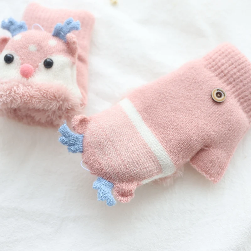 От 4 до 8 лет зимние детские вязаные перчатки с рисунком лося открытыми пальцами